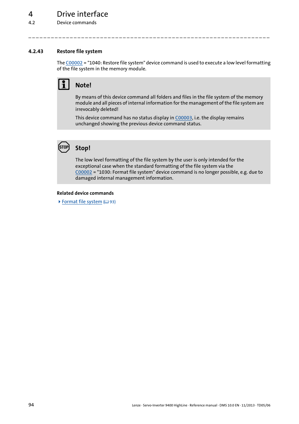 43 restore file system, Restore file system, 4drive interface | Lenze 9400 User Manual | Page 94 / 954