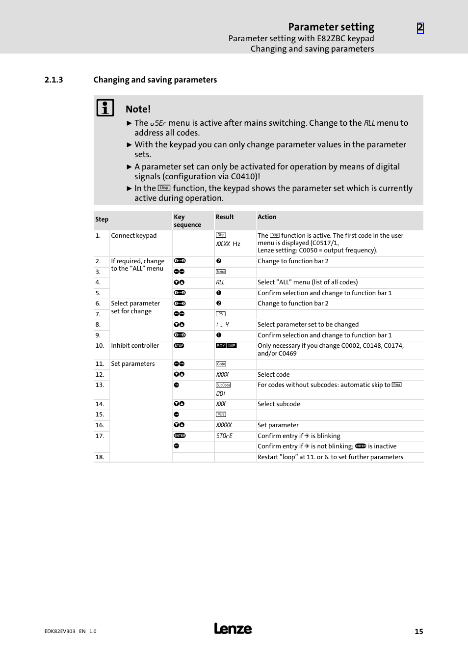 3 changing and saving parameters, Changing and saving parameters, Parameter setting | Lenze 8200 vector 15kW-30kW User Manual | Page 15 / 23