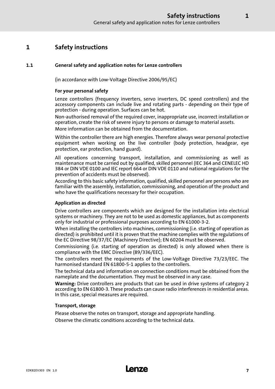 1 safety instructions, Safety instructions, 1safety instructions | Lenze 8200 vector 15kW-30kW User Manual | Page 7 / 23