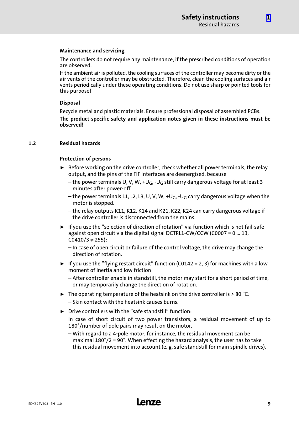 2 residual hazards, Residual hazards, Safety instructions | Lenze 8200 vector 15kW-30kW User Manual | Page 9 / 23
