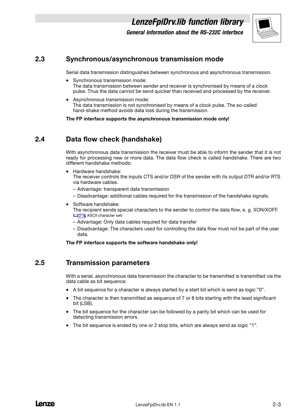 3 synchronous/asynchronous transmission mode, 4 data flow check (handshake), 5 transmission parameters | Synchronous/asynchronous transmission mode, Data flow check (handshake), Transmission parameters, Lenzefpidrv.lib function library | Lenze Global Drive PLC Developer Studio User Manual | Page 10 / 27