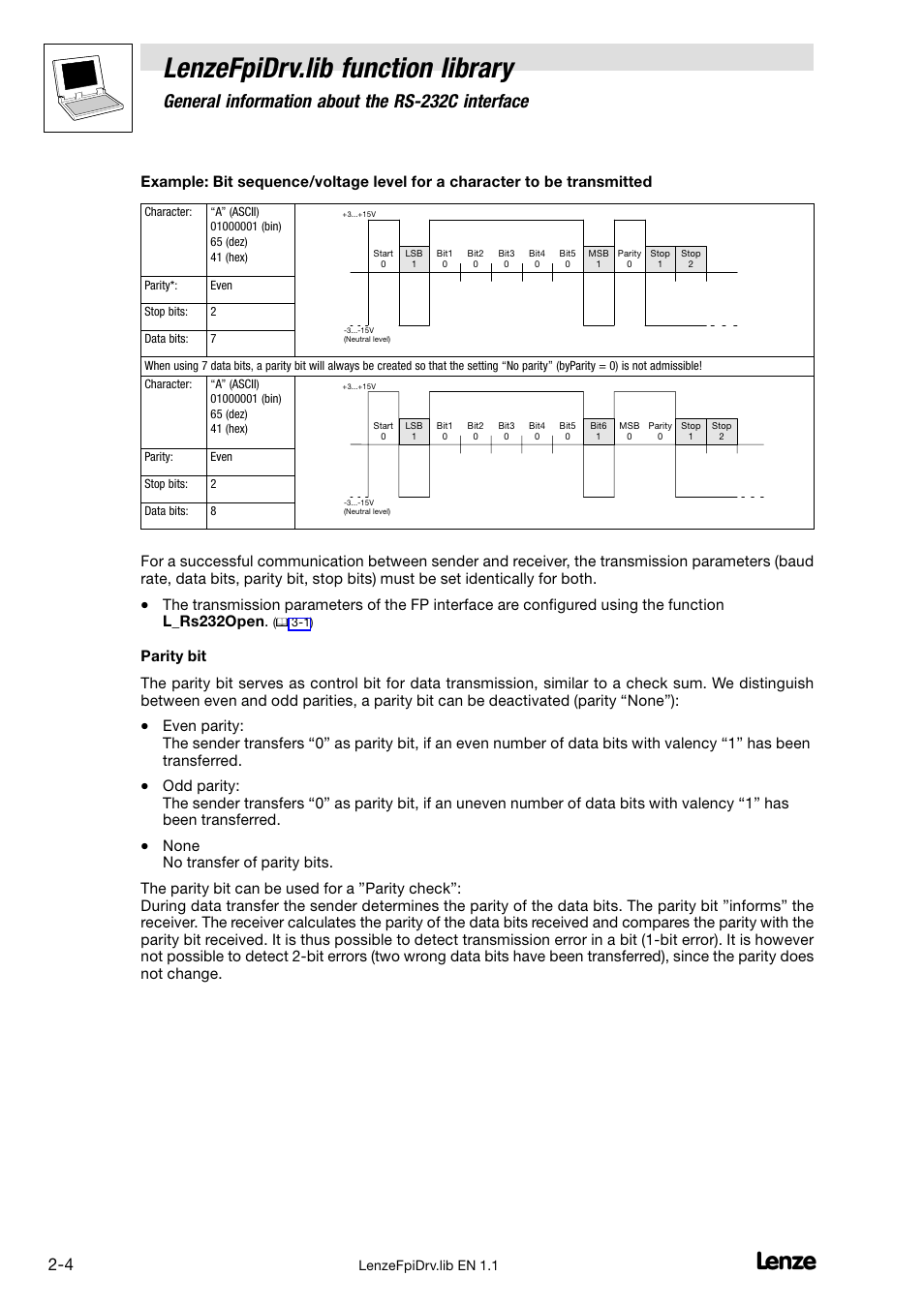 Lenzefpidrv.lib function library, General information about the rs−232c interface | Lenze Global Drive PLC Developer Studio User Manual | Page 11 / 27