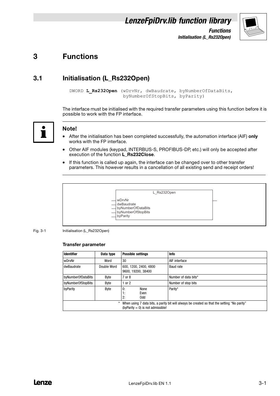 Functions, 1 initialisation (l_rs232open), 3 functions | Initialisation (l_rs232open), Lenzefpidrv.lib function library, 3functions | Lenze Global Drive PLC Developer Studio User Manual | Page 16 / 27