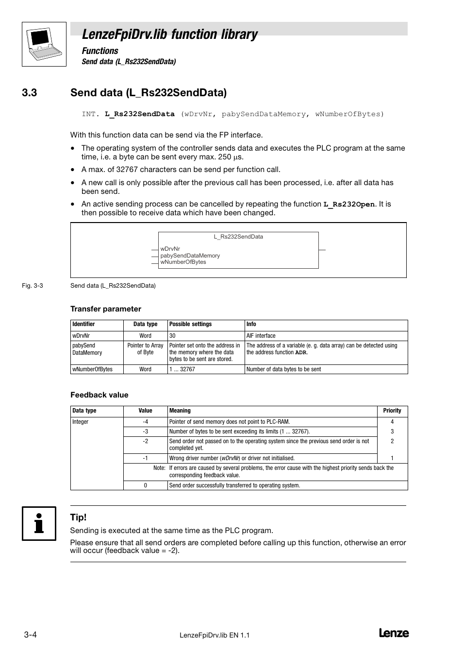 3 send data (l_rs232senddata), Send data (l_rs232senddata), Lenzefpidrv.lib function library | Functions | Lenze Global Drive PLC Developer Studio User Manual | Page 19 / 27