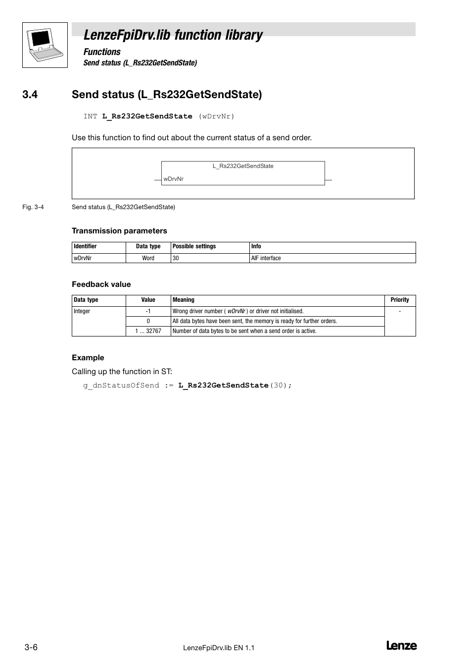 4 send status (l_rs232getsendstate), Send status (l_rs232getsendstate), Lenzefpidrv.lib function library | Functions | Lenze Global Drive PLC Developer Studio User Manual | Page 21 / 27