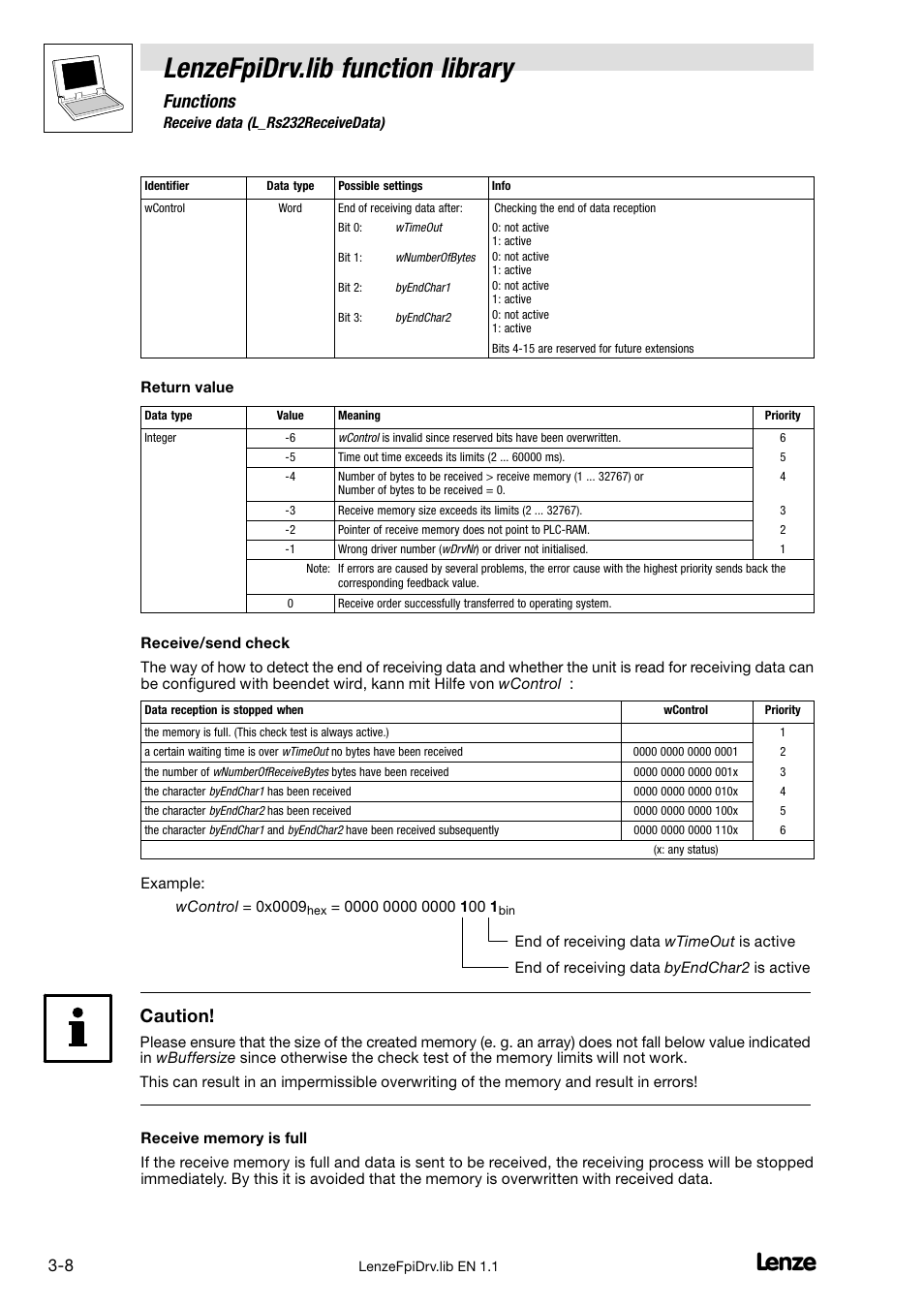 Lenzefpidrv.lib function library, Functions, Caution | Lenze Global Drive PLC Developer Studio User Manual | Page 23 / 27