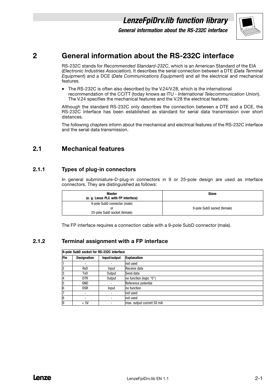 General information about the rs-232c interface, 1 mechanical features, 1 types of plug-in connectors | 2 terminal assignment with a fp interface, 2 general information about the rs−232c interface, Mechanical features, Types of plug−in connectors, Terminal assignment with a fp interface, Lenzefpidrv.lib function library, 2general information about the rs−232c interface | Lenze Global Drive PLC Developer Studio User Manual | Page 8 / 27