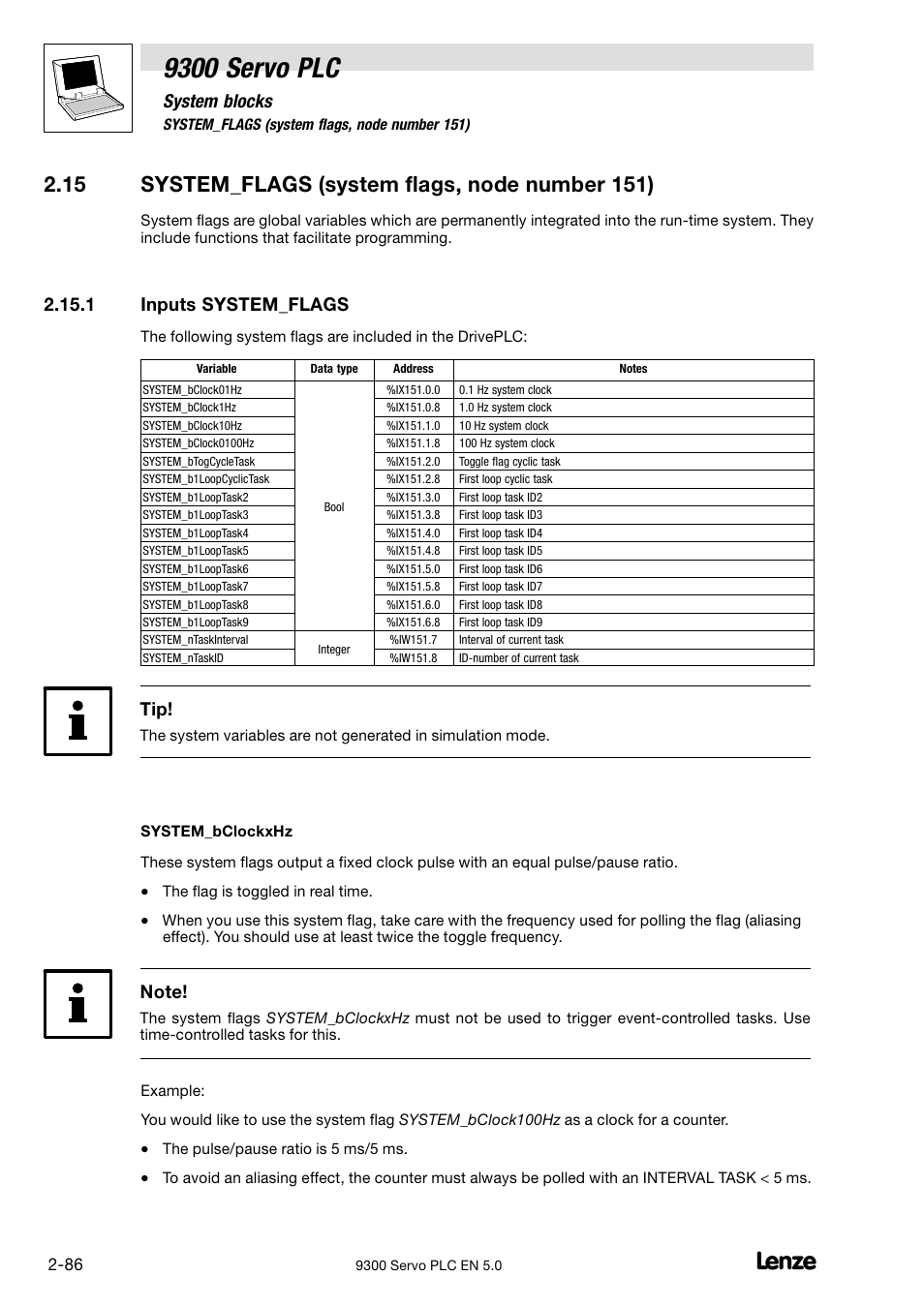 System_flags (system flags, node number 151), Inputs system_flags, 15 system_flags (system flags, node number 151) | 9300 servo plc, System blocks, 1 inputs system_flags | Lenze Drive PLC Developer Studio 9300 Servo PLC (V8.x) User Manual | Page 100 / 167