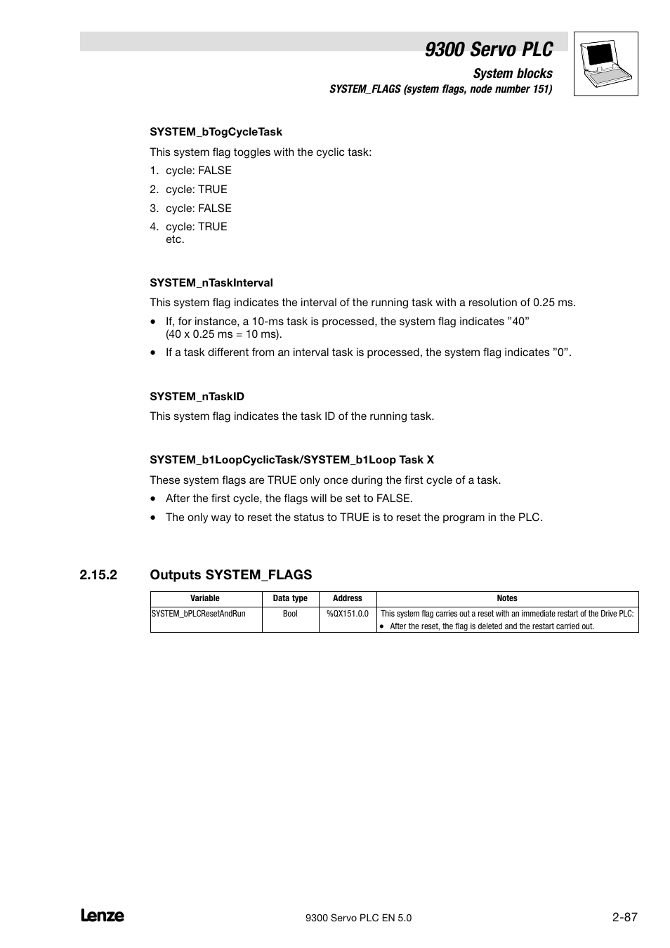 Outputs system_flags, 9300 servo plc | Lenze Drive PLC Developer Studio 9300 Servo PLC (V8.x) User Manual | Page 101 / 167