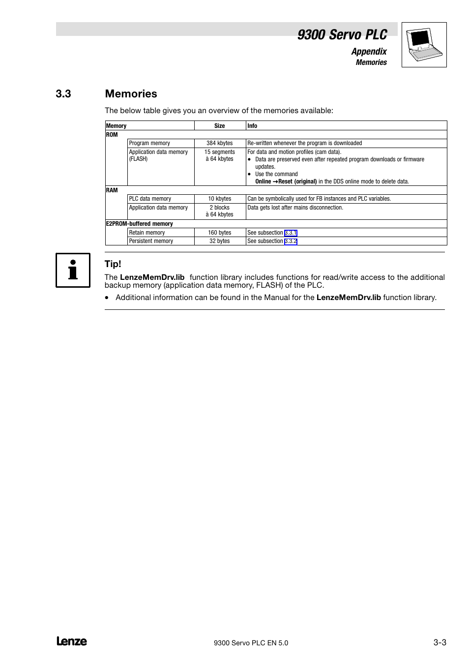 Memories, 9300 servo plc, Appendix | Lenze Drive PLC Developer Studio 9300 Servo PLC (V8.x) User Manual | Page 105 / 167