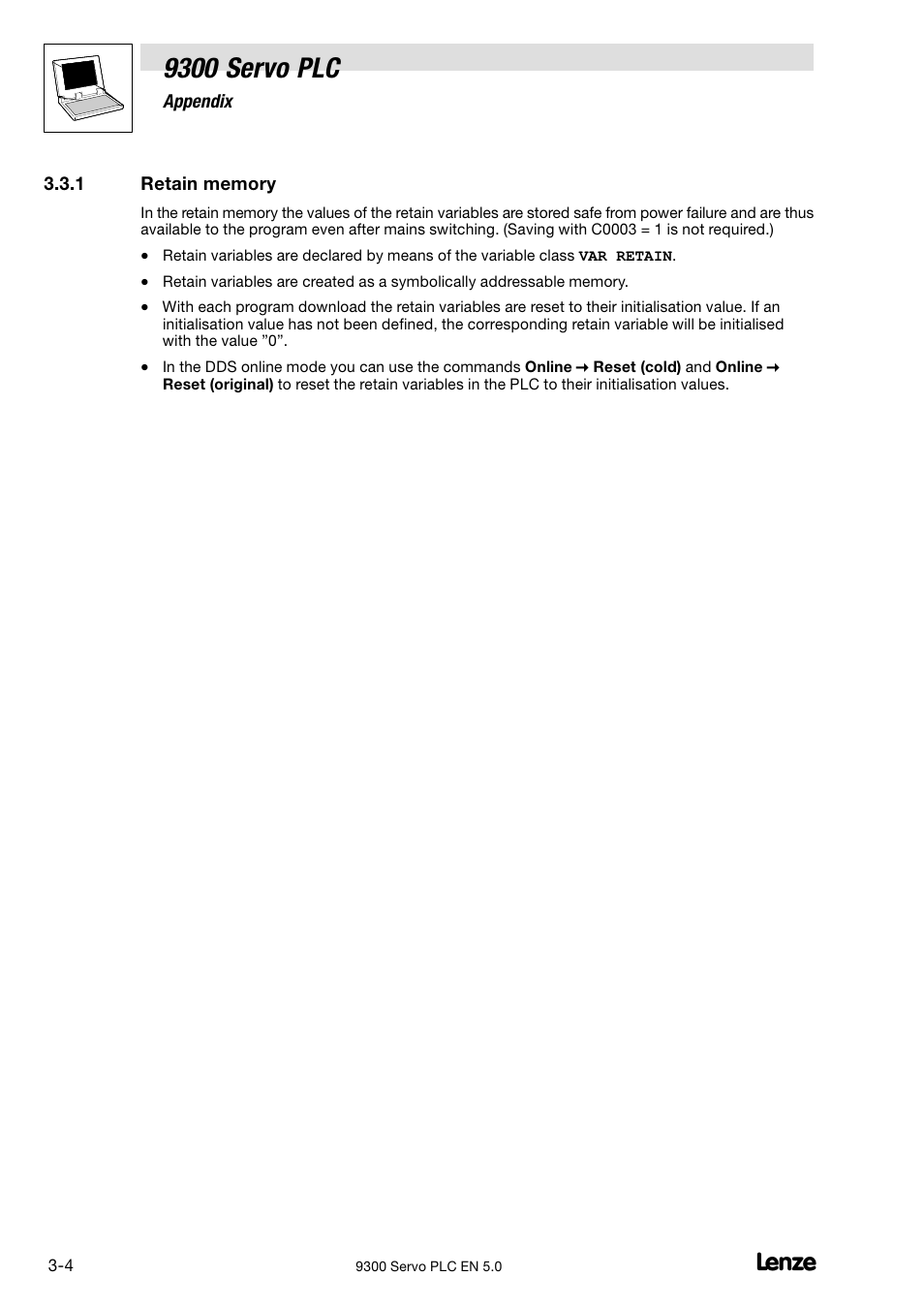 Retain memory, 9300 servo plc | Lenze Drive PLC Developer Studio 9300 Servo PLC (V8.x) User Manual | Page 106 / 167