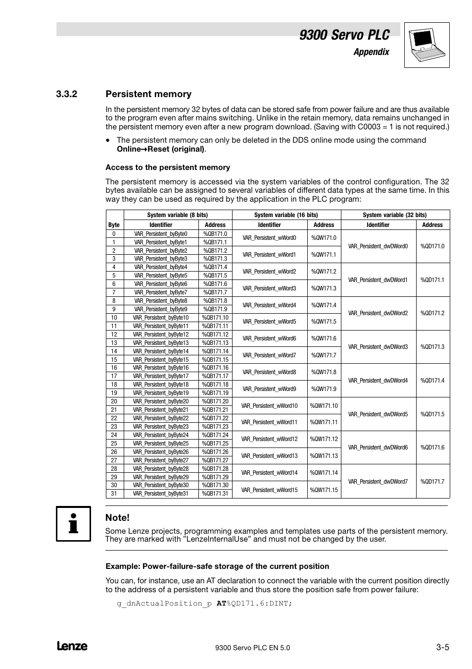 Persistent memory, 9300 servo plc, Appendix | Lenze Drive PLC Developer Studio 9300 Servo PLC (V8.x) User Manual | Page 107 / 167