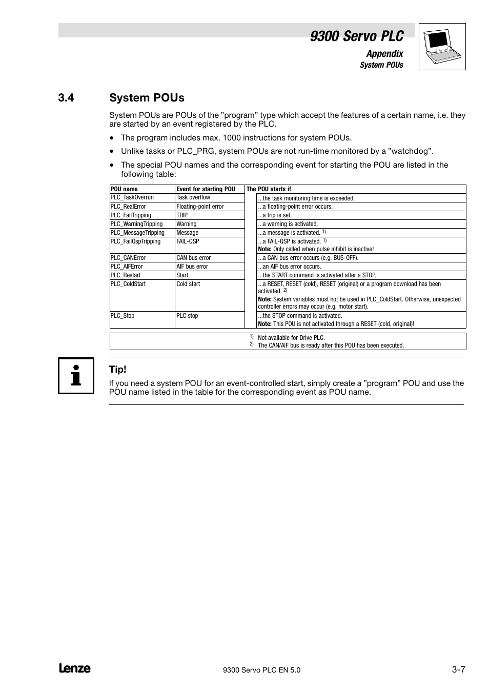 System pous, 9300 servo plc, 4 system pous | Appendix | Lenze Drive PLC Developer Studio 9300 Servo PLC (V8.x) User Manual | Page 109 / 167