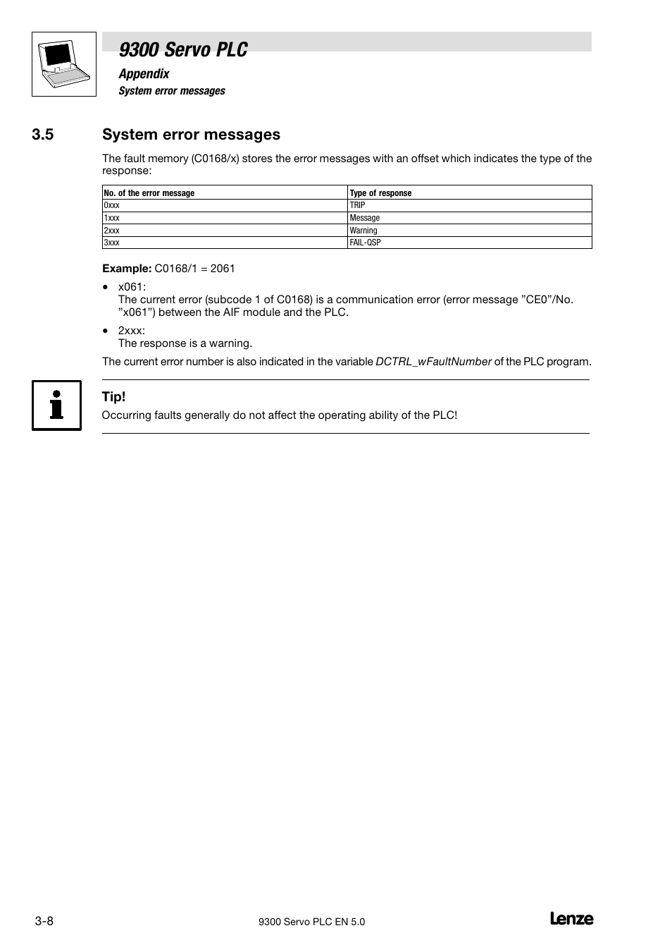 System error messages, 9300 servo plc, 5 system error messages | Lenze Drive PLC Developer Studio 9300 Servo PLC (V8.x) User Manual | Page 110 / 167