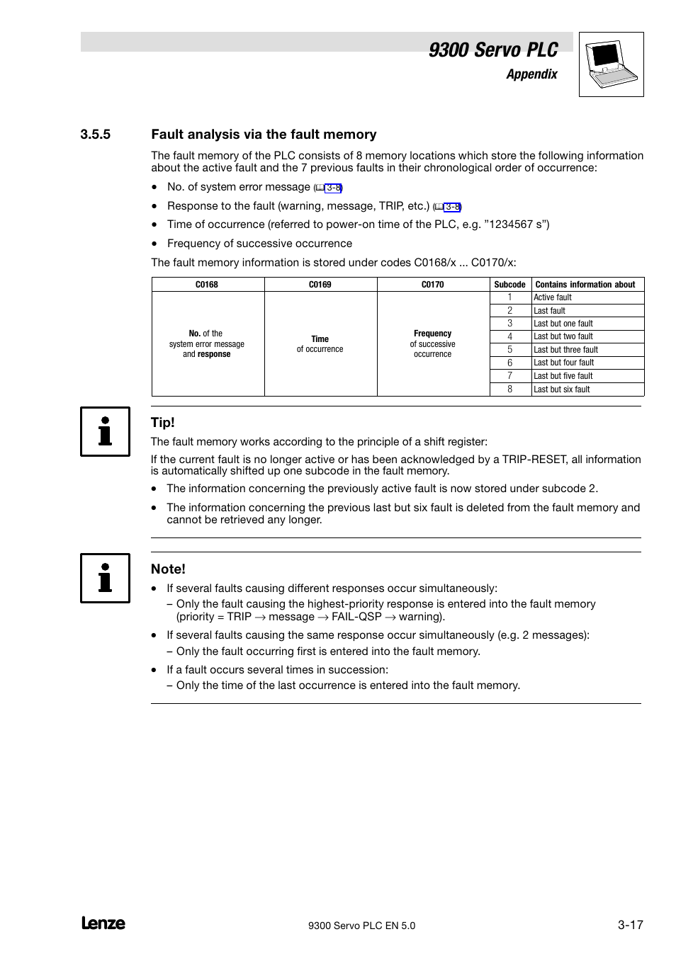 Fault analysis via the fault memory, 9300 servo plc, Appendix | Lenze Drive PLC Developer Studio 9300 Servo PLC (V8.x) User Manual | Page 119 / 167