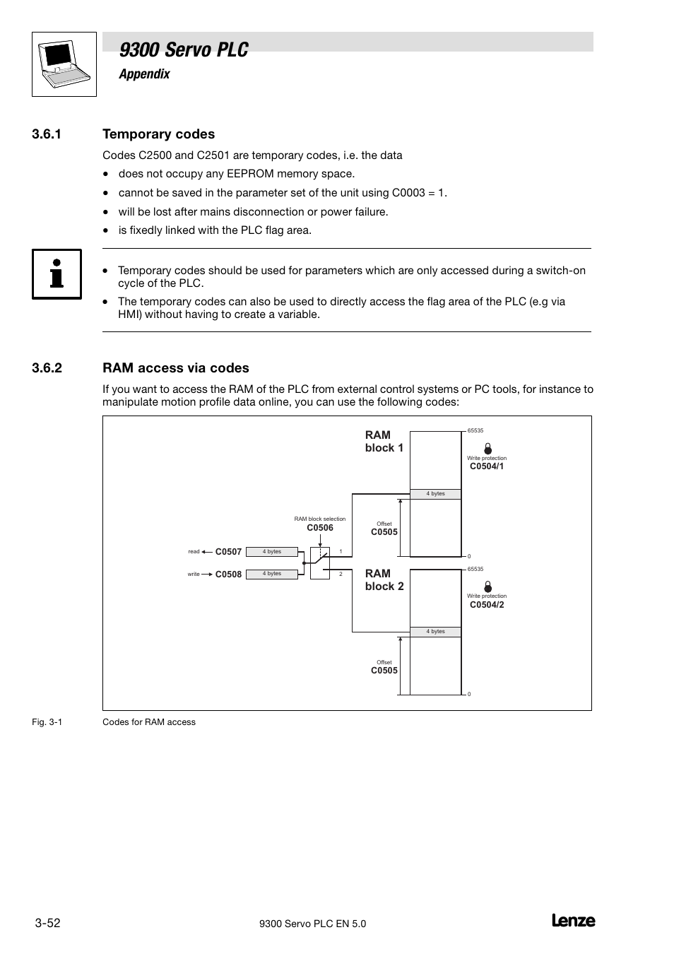 Temporary codes, Ram access via codes, 9300 servo plc | Appendix, 1 temporary codes, 2 ram access via codes | Lenze Drive PLC Developer Studio 9300 Servo PLC (V8.x) User Manual | Page 154 / 167