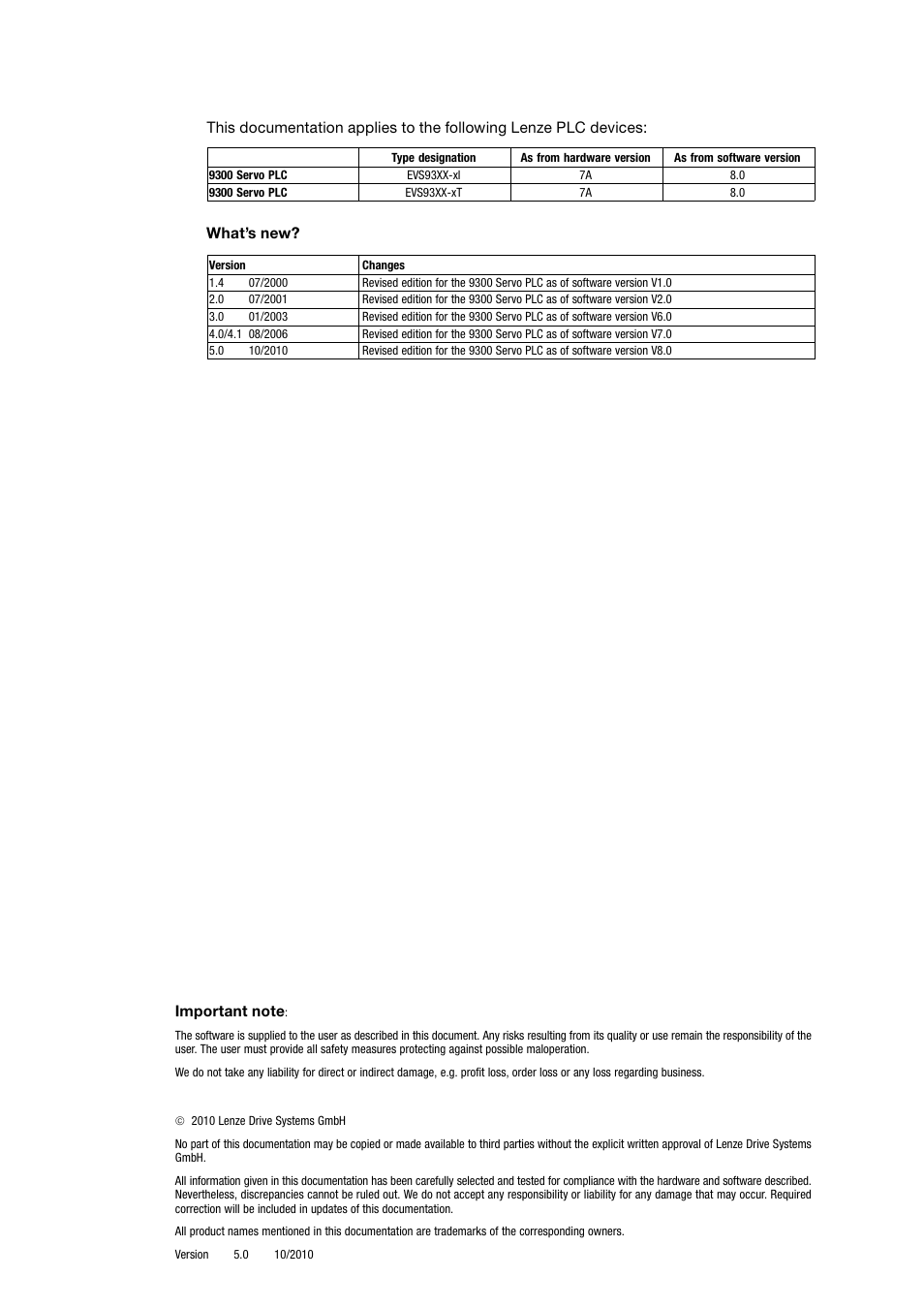 This documentation applies to, What’s new | Lenze Drive PLC Developer Studio 9300 Servo PLC (V8.x) User Manual | Page 2 / 167