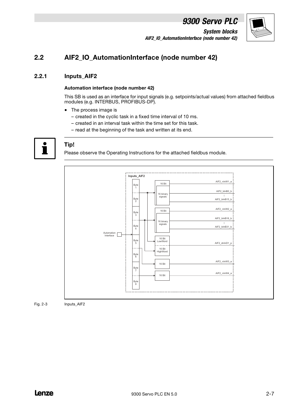 Aif2_io_automationinterface (node number 42), Inputs_aif2, 9300 servo plc | System blocks, 1 inputs_aif2, 2 aif2_io_automationinterface (node number 42) | Lenze Drive PLC Developer Studio 9300 Servo PLC (V8.x) User Manual | Page 21 / 167