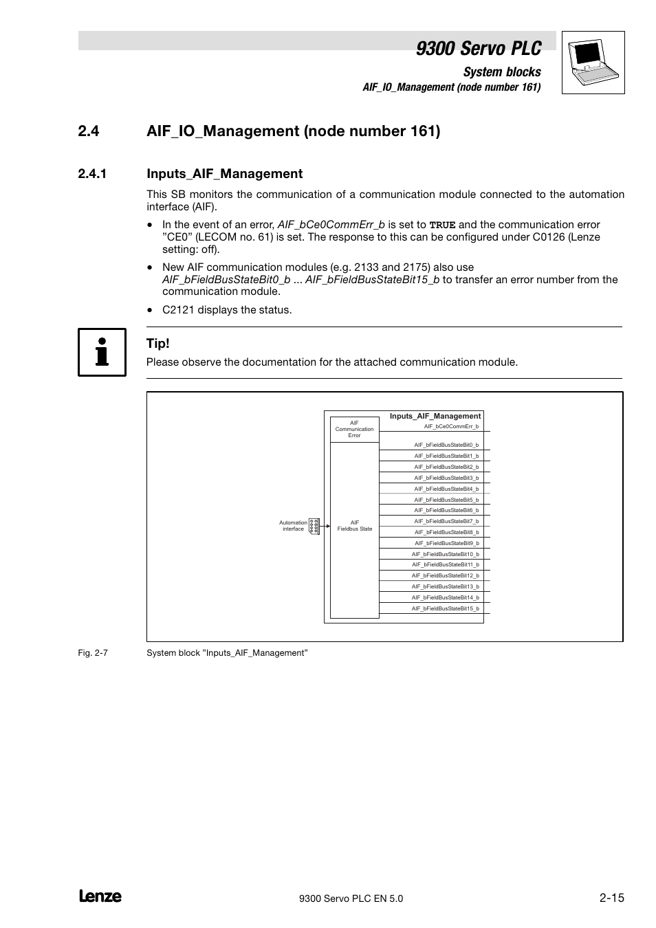 Aif_io_management (node number 161), Inputs_aif_management, 9300 servo plc | 4 aif_io_management (node number 161), System blocks, 1 inputs_aif_management | Lenze Drive PLC Developer Studio 9300 Servo PLC (V8.x) User Manual | Page 29 / 167