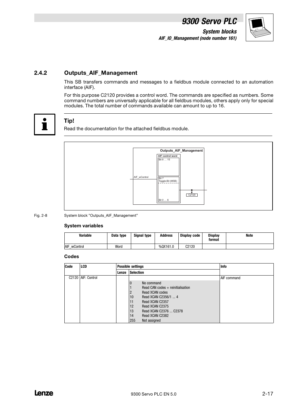 Outputs_aif_management, 9300 servo plc, System blocks | 2 outputs_aif_management | Lenze Drive PLC Developer Studio 9300 Servo PLC (V8.x) User Manual | Page 31 / 167