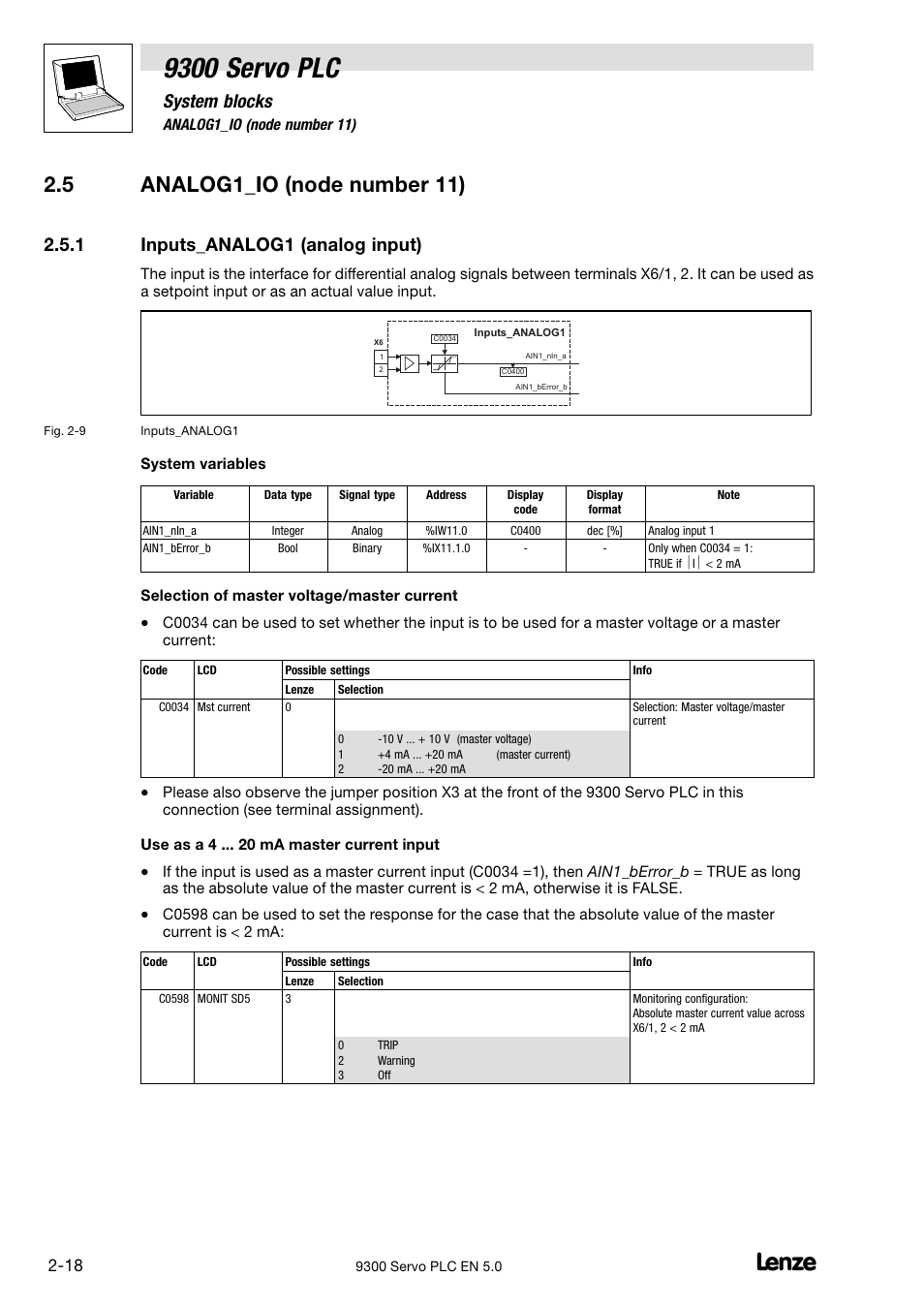 Analog1_io (node number 11), Inputs_analog1 (analog input), 9300 servo plc | 5 analog1_io (node number 11), System blocks, 1 inputs_analog1 (analog input) | Lenze Drive PLC Developer Studio 9300 Servo PLC (V8.x) User Manual | Page 32 / 167