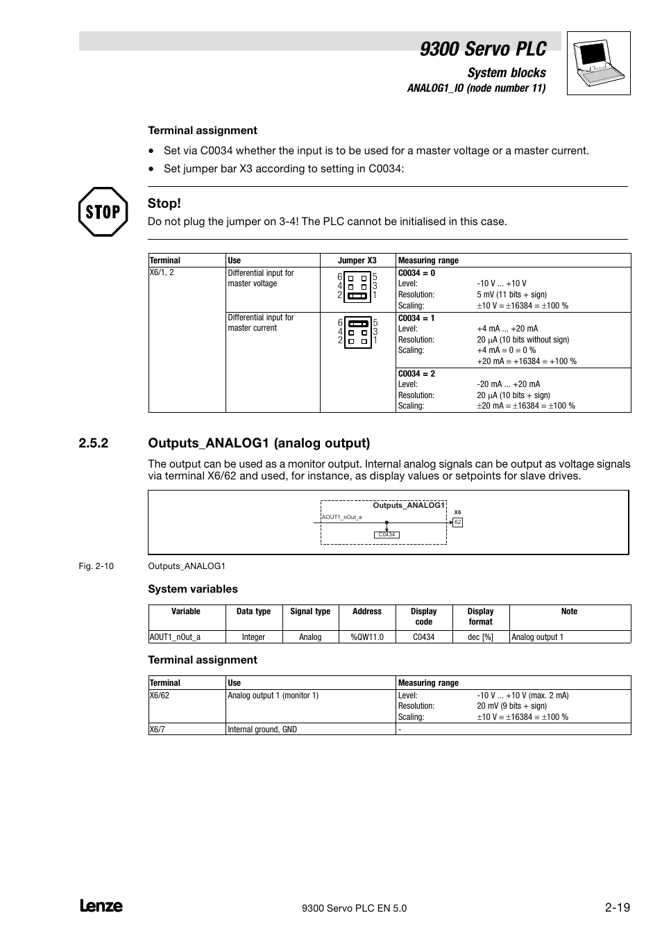 Outputs_analog1 (analog output), 9300 servo plc, System blocks | Stop, 2 outputs_analog1 (analog output) | Lenze Drive PLC Developer Studio 9300 Servo PLC (V8.x) User Manual | Page 33 / 167