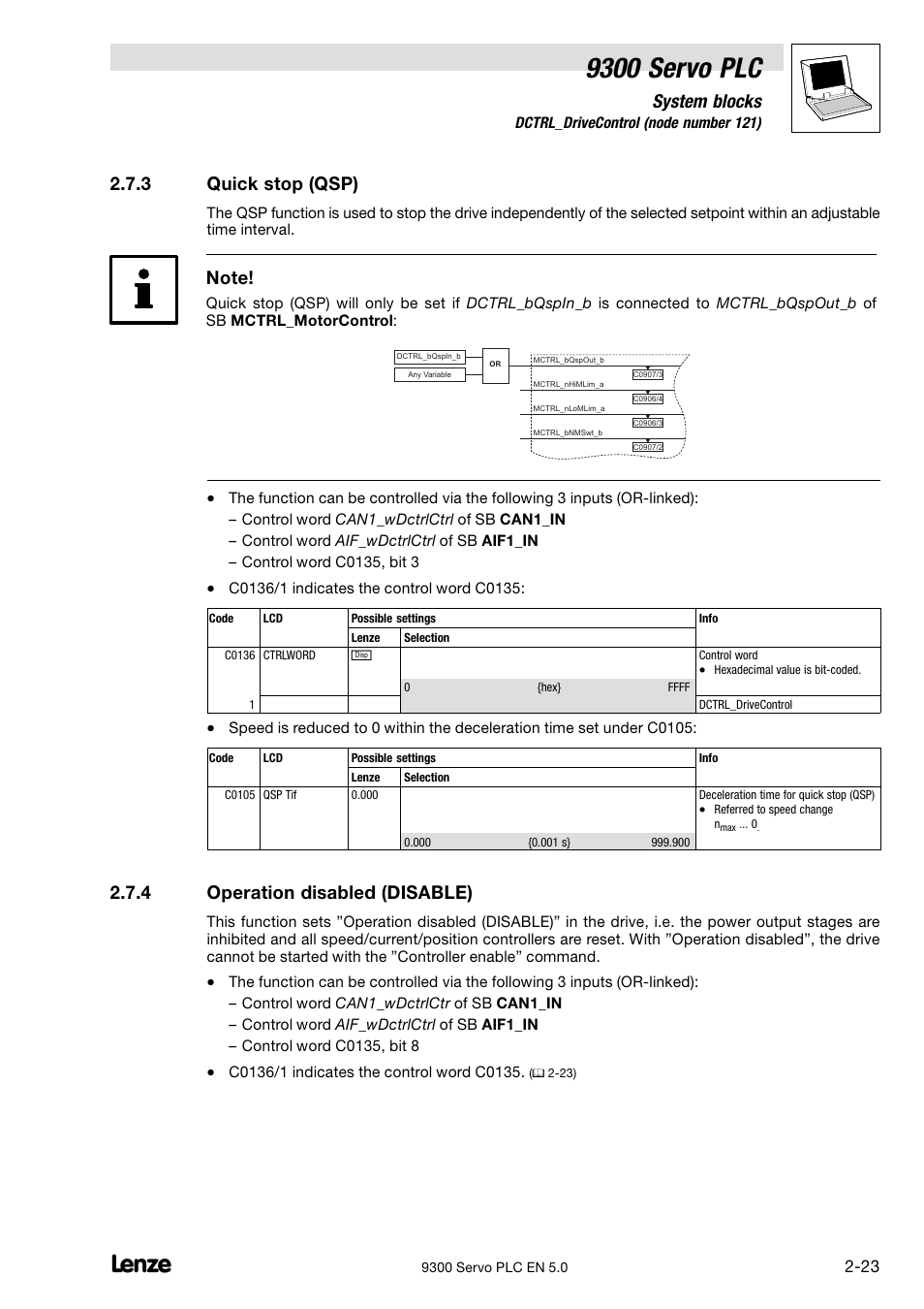 Quick stop (qsp), Operation disabled (disable), 9300 servo plc | System blocks, 3 quick stop (qsp), 4 operation disabled (disable) | Lenze Drive PLC Developer Studio 9300 Servo PLC (V8.x) User Manual | Page 37 / 167