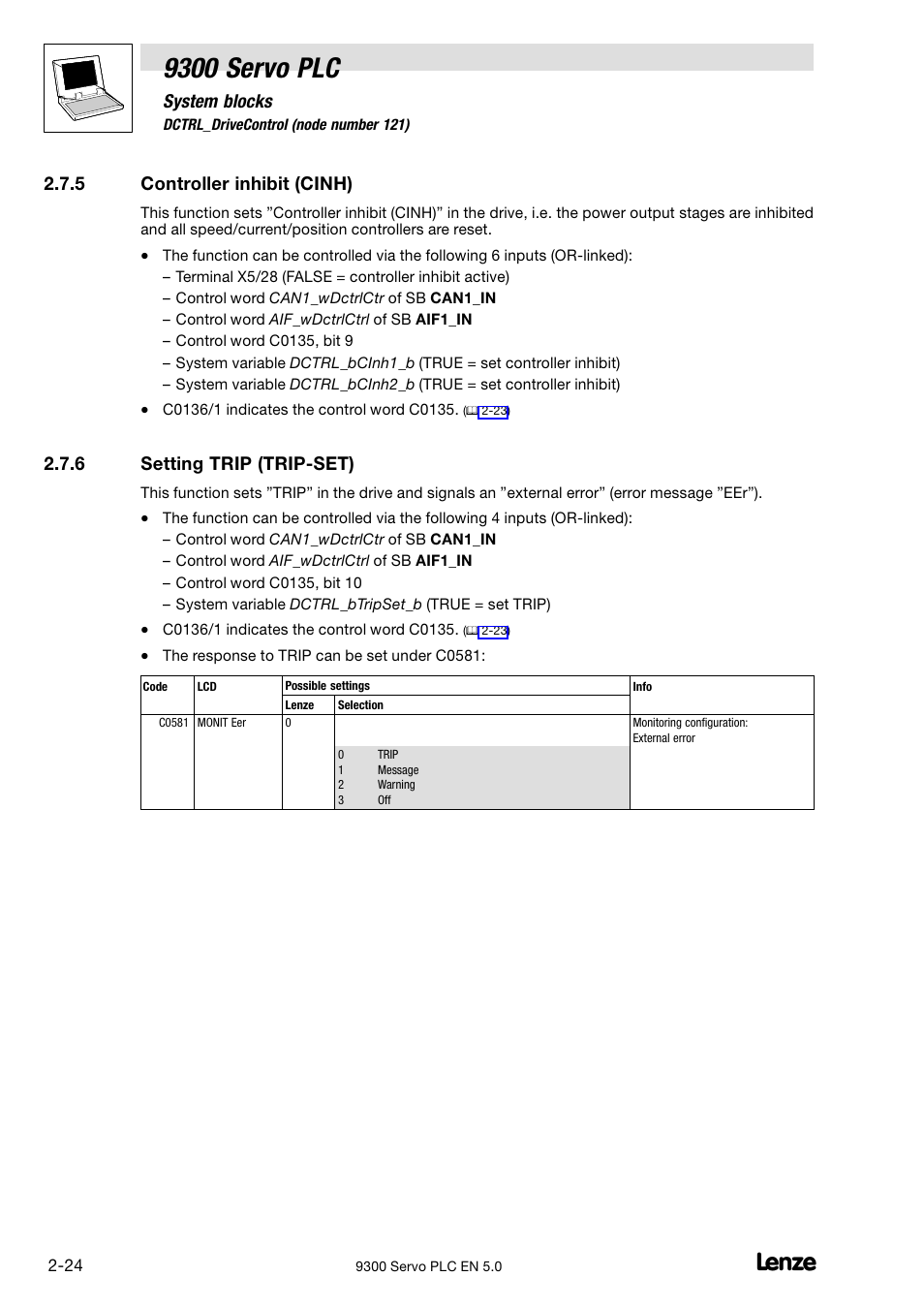 Controller inhibit (cinh), Setting trip (trip-set), Setting trip (trip−set) | 9300 servo plc, System blocks, 5 controller inhibit (cinh), 6 setting trip (trip−set) | Lenze Drive PLC Developer Studio 9300 Servo PLC (V8.x) User Manual | Page 38 / 167