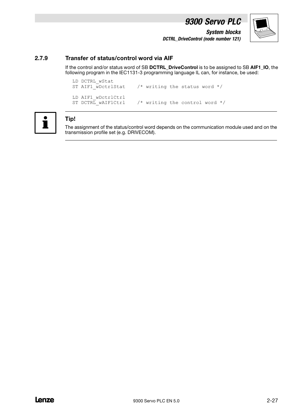 Transfer of status/control word via aif, 9300 servo plc | Lenze Drive PLC Developer Studio 9300 Servo PLC (V8.x) User Manual | Page 41 / 167