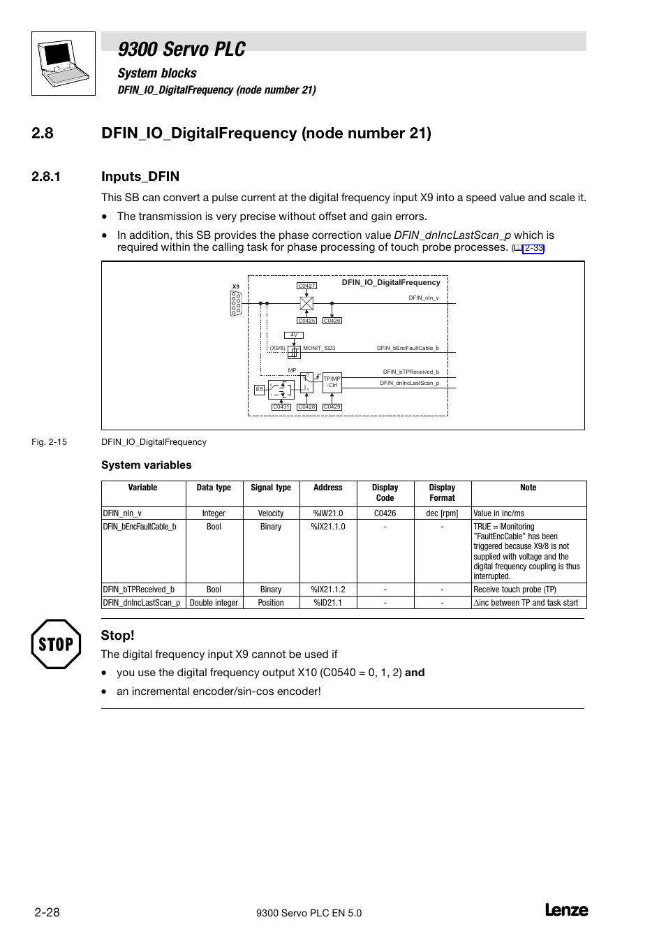 Dfin_io_digitalfrequency (node number 21), Inputs_dfin, 9300 servo plc | System blocks, 1 inputs_dfin, Stop, 8 dfin_io_digitalfrequency (node number 21), System variables, The digital frequency input x9 cannot be used if, An incremental encoder/sin−cos encoder | Lenze Drive PLC Developer Studio 9300 Servo PLC (V8.x) User Manual | Page 42 / 167