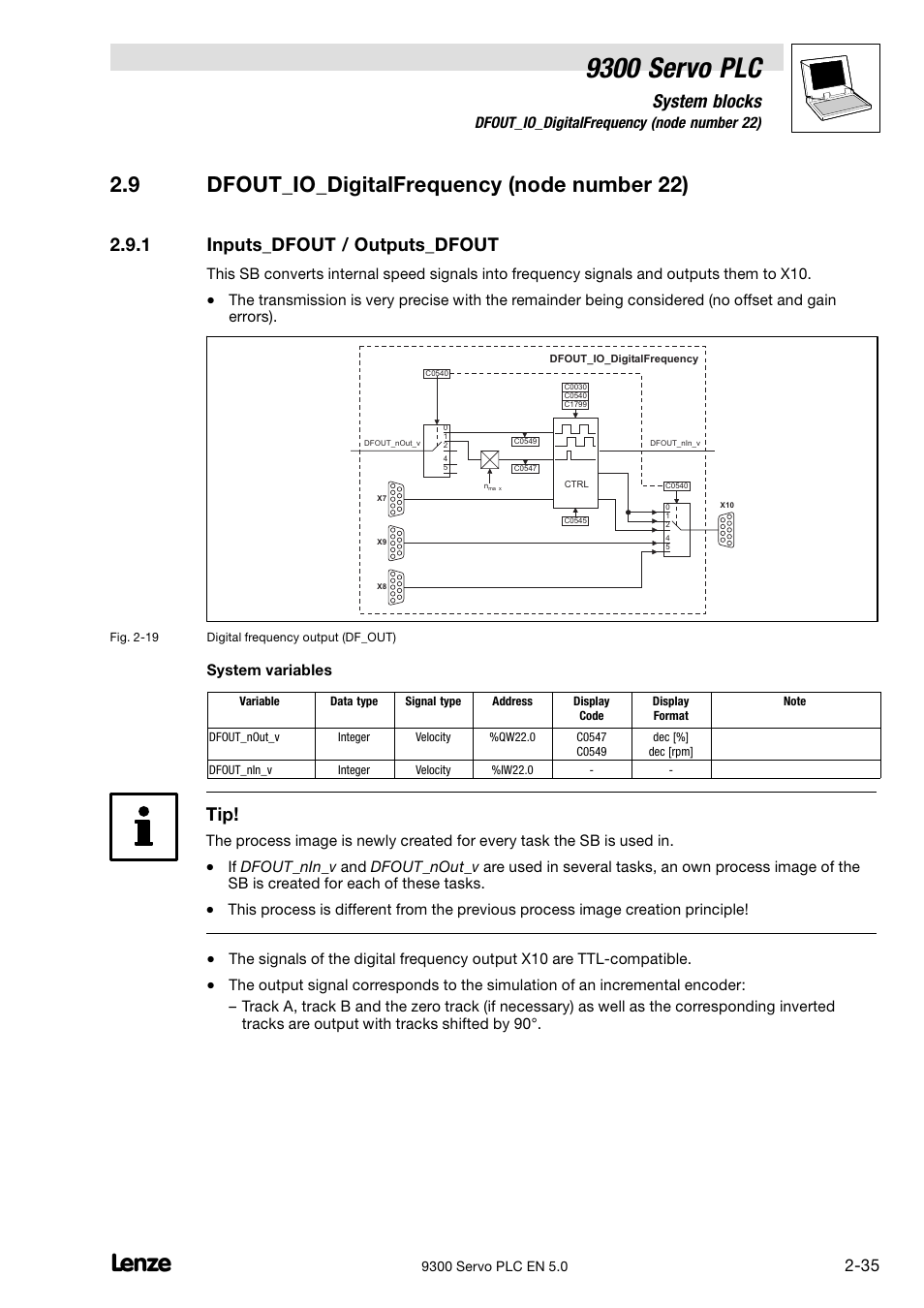 Dfout_io_digitalfrequency (node number 22), Inputs_dfout / outputs_dfout, 9300 servo plc | 9 dfout_io_digitalfrequency (node number 22), System blocks, 1 inputs_dfout / outputs_dfout | Lenze Drive PLC Developer Studio 9300 Servo PLC (V8.x) User Manual | Page 49 / 167