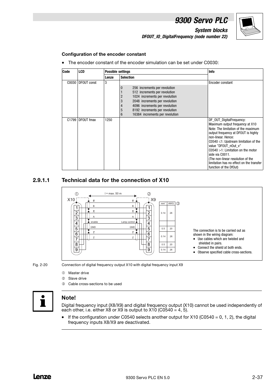 9300 servo plc, System blocks, 1 technical data for the connection of x10 | 9 dfout_io_digitalfrequency (node number 22), Configuration of the encoder constant | Lenze Drive PLC Developer Studio 9300 Servo PLC (V8.x) User Manual | Page 51 / 167