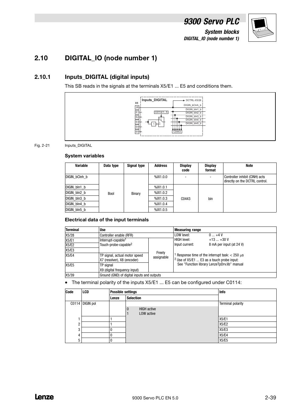 Digital_io (node number 1), Inputs_digital (digital inputs), 10 digital_io (node number 1) | 9300 servo plc, System blocks, 1 inputs_digital (digital inputs), System variables, Electrical data of the input terminals | Lenze Drive PLC Developer Studio 9300 Servo PLC (V8.x) User Manual | Page 53 / 167
