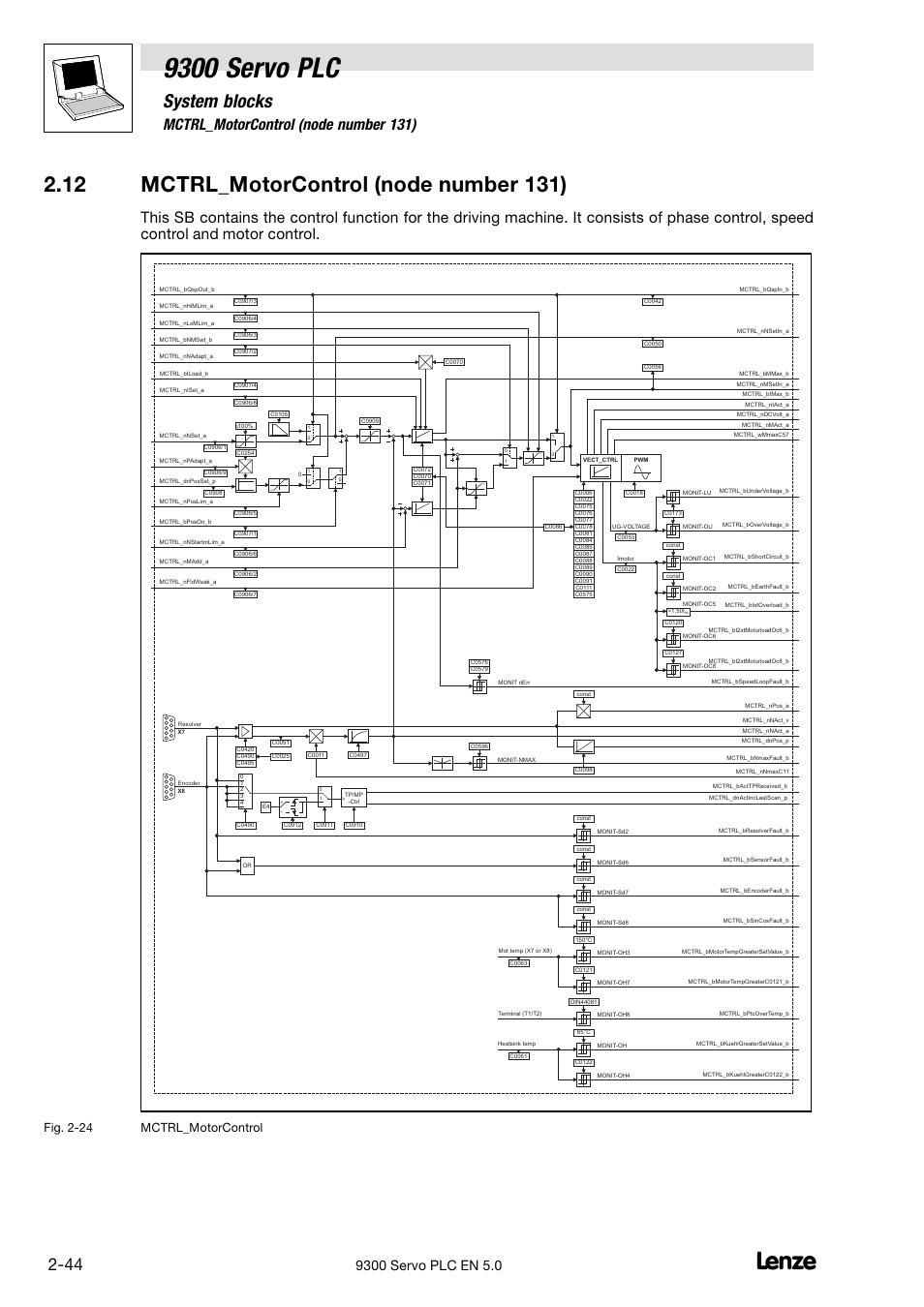 Mctrl_motorcontrol (node number 131), 12 mctrl_motorcontrol (node number 131), 9300 servo plc | System blocks, Fig. 2−24 mctrl_motorcontrol | Lenze Drive PLC Developer Studio 9300 Servo PLC (V8.x) User Manual | Page 58 / 167