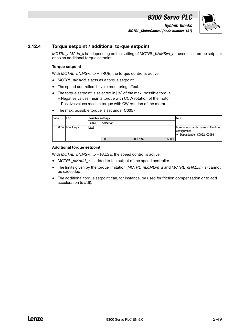 Torque setpoint / additional torque setpoint, 9300 servo plc | Lenze Drive PLC Developer Studio 9300 Servo PLC (V8.x) User Manual | Page 63 / 167