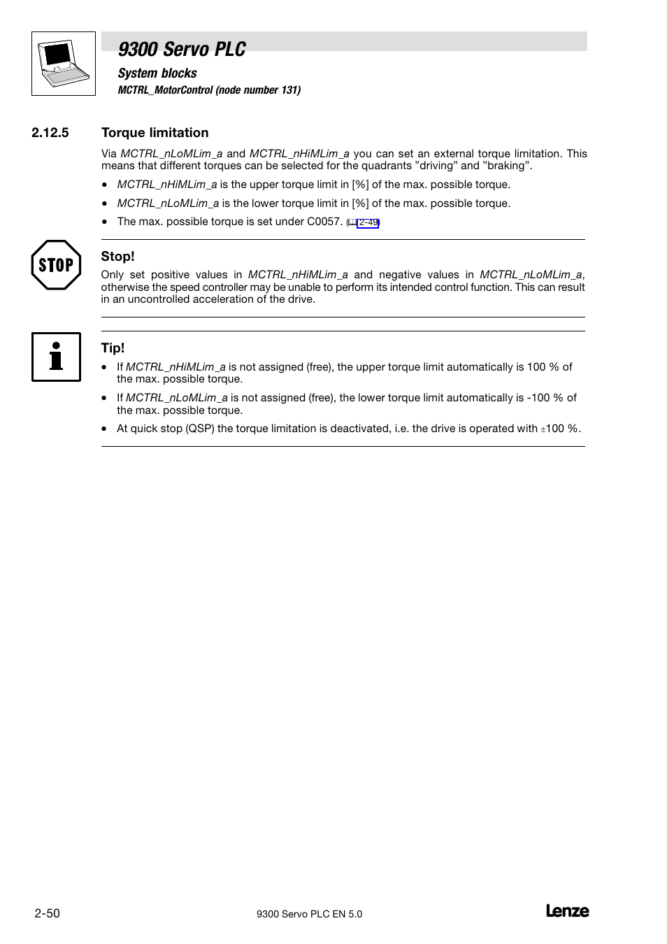 Torque limitation, 9300 servo plc | Lenze Drive PLC Developer Studio 9300 Servo PLC (V8.x) User Manual | Page 64 / 167