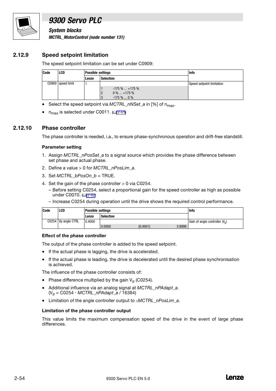 Speed setpoint limitation, Phase controller, 10 phase controller | 9300 servo plc, System blocks, 9 speed setpoint limitation | Lenze Drive PLC Developer Studio 9300 Servo PLC (V8.x) User Manual | Page 68 / 167