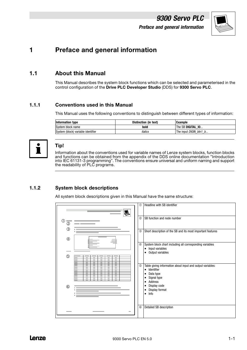 Preface and general information, About this manual, Conventions used in this manual | System block descriptions, 1 preface and general information, 9300 servo plc, 1preface and general information, 1 about this manual, 1 conventions used in this manual, 2 system block descriptions | Lenze Drive PLC Developer Studio 9300 Servo PLC (V8.x) User Manual | Page 7 / 167