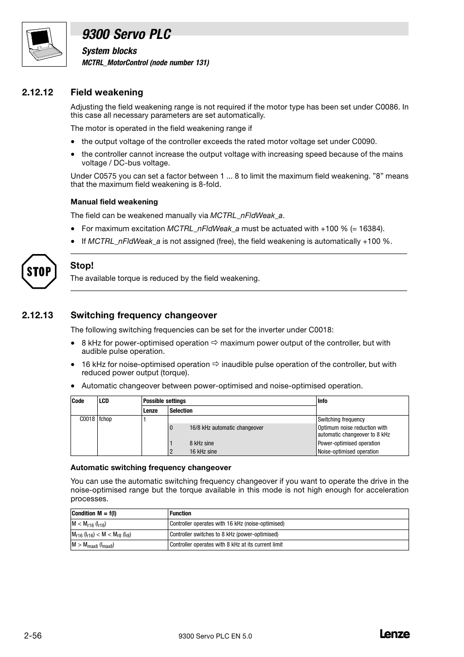 Field weakening, Switching frequency changeover, 12 field weakening | 13 switching frequency changeover, 9300 servo plc, System blocks, Stop | Lenze Drive PLC Developer Studio 9300 Servo PLC (V8.x) User Manual | Page 70 / 167