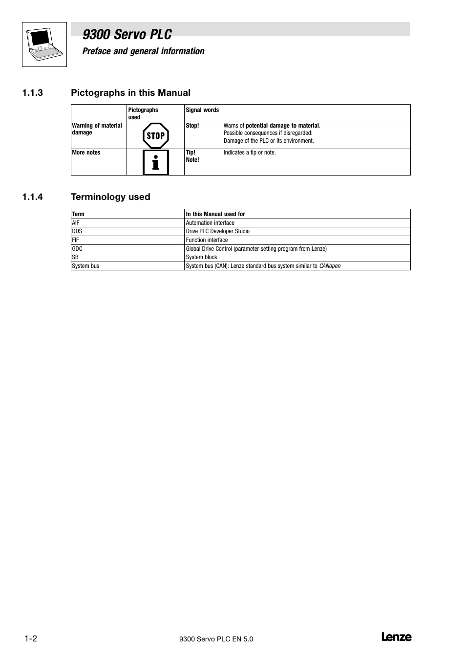 Pictographs in this manual, Terminology used, 9300 servo plc | Preface and general information, 3 pictographs in this manual, 4 terminology used | Lenze Drive PLC Developer Studio 9300 Servo PLC (V8.x) User Manual | Page 8 / 167