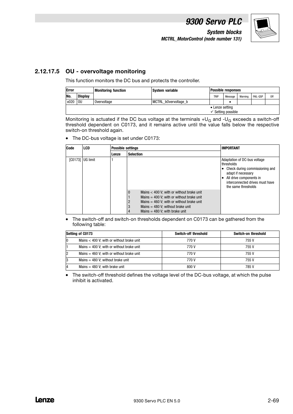 9300 servo plc, System blocks, 5 ou − overvoltage monitoring | Lenze Drive PLC Developer Studio 9300 Servo PLC (V8.x) User Manual | Page 83 / 167