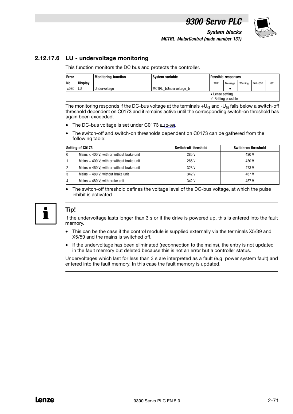 9300 servo plc, System blocks, 6 lu − undervoltage monitoring | Lenze Drive PLC Developer Studio 9300 Servo PLC (V8.x) User Manual | Page 85 / 167