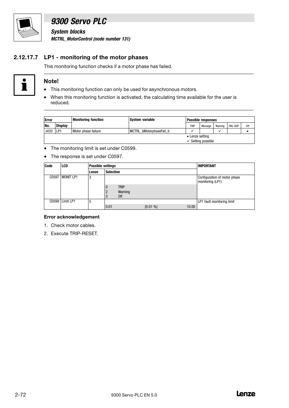 Lp1 − monitoring of the motor phases, 9300 servo plc, System blocks | 7 lp1 − monitoring of the motor phases | Lenze Drive PLC Developer Studio 9300 Servo PLC (V8.x) User Manual | Page 86 / 167