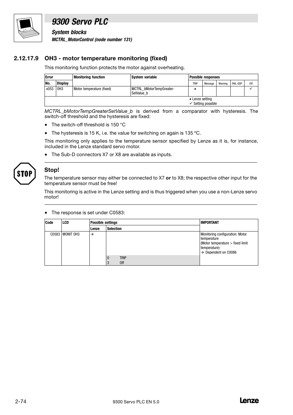 9300 servo plc, System blocks, 9 oh3 − motor temperature monitoring (fixed) | Stop | Lenze Drive PLC Developer Studio 9300 Servo PLC (V8.x) User Manual | Page 88 / 167