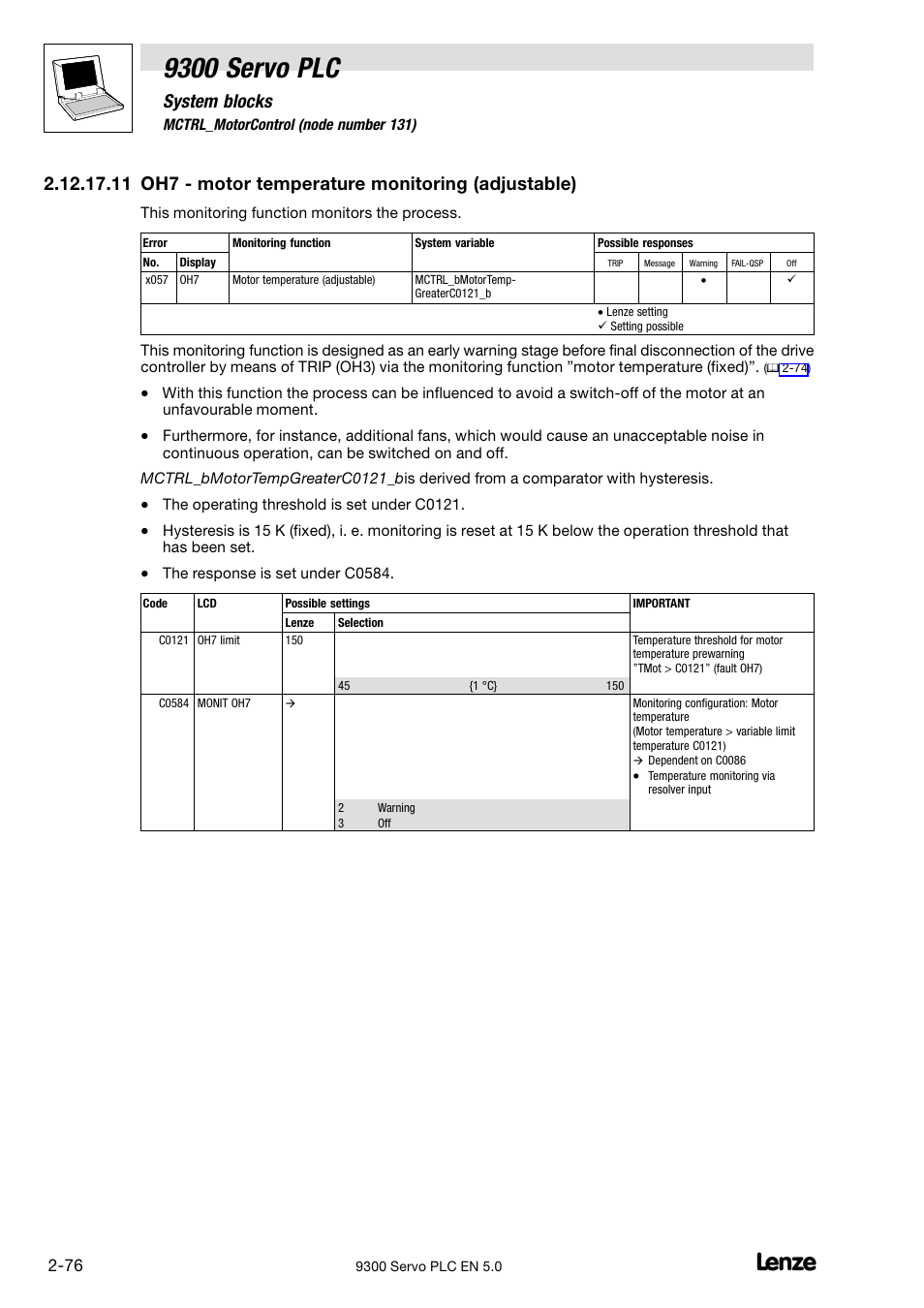 9300 servo plc, System blocks, 11 oh7 − motor temperature monitoring (adjustable) | Lenze Drive PLC Developer Studio 9300 Servo PLC (V8.x) User Manual | Page 90 / 167