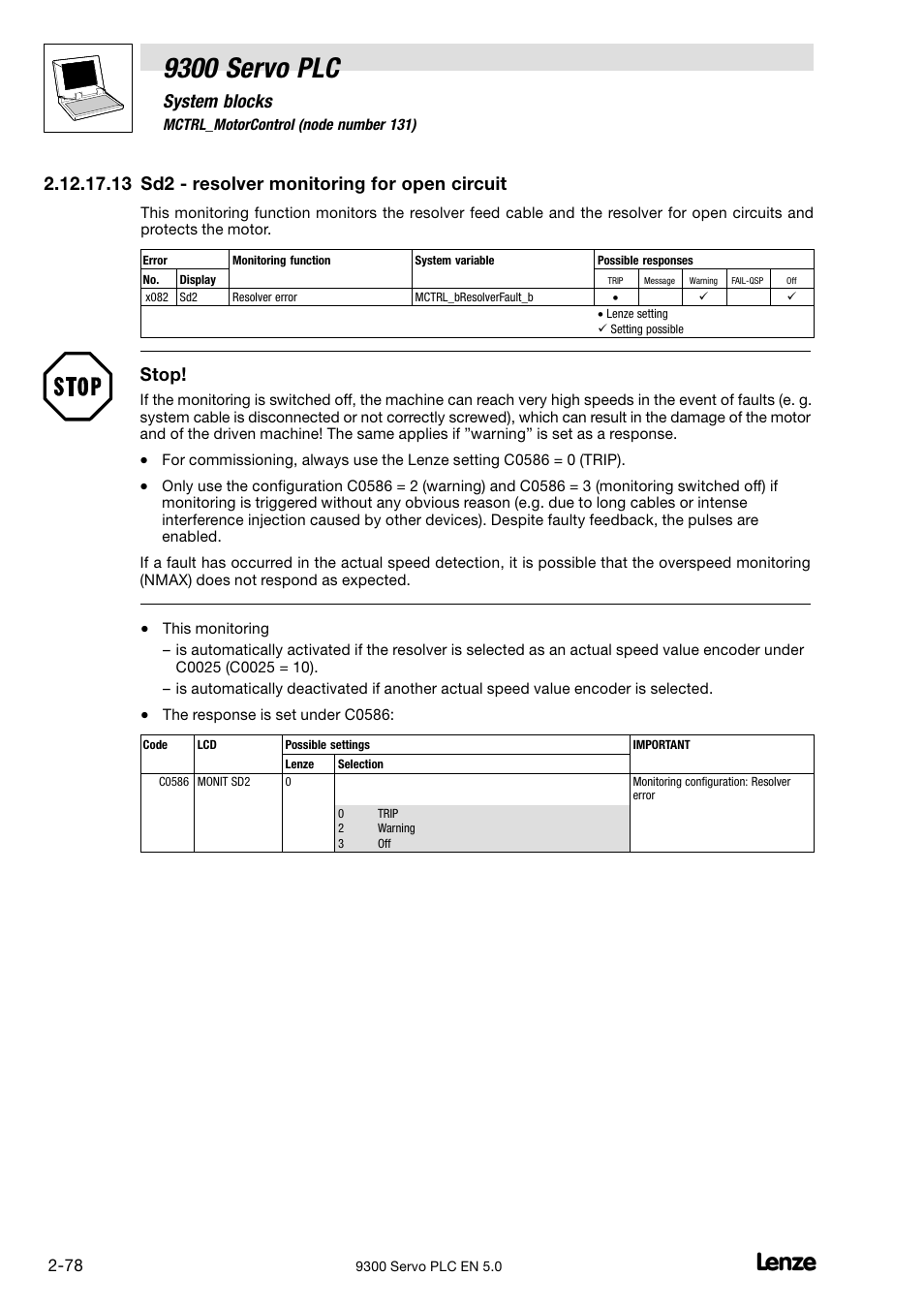 9300 servo plc, System blocks, 13 sd2 − resolver monitoring for open circuit | Stop | Lenze Drive PLC Developer Studio 9300 Servo PLC (V8.x) User Manual | Page 92 / 167