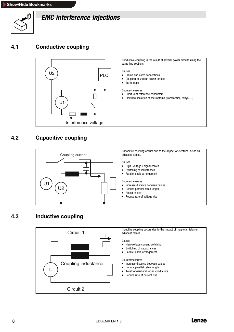 1 conductive coupling, 2 capacitive coupling, 3 inductive coupling | Conductive coupling, Capacitive coupling, Inductive coupling, Emc interference injections, Ucircuit 2 circuit 1 coupling inductance i | Lenze Inverter EMC User Manual | Page 10 / 26