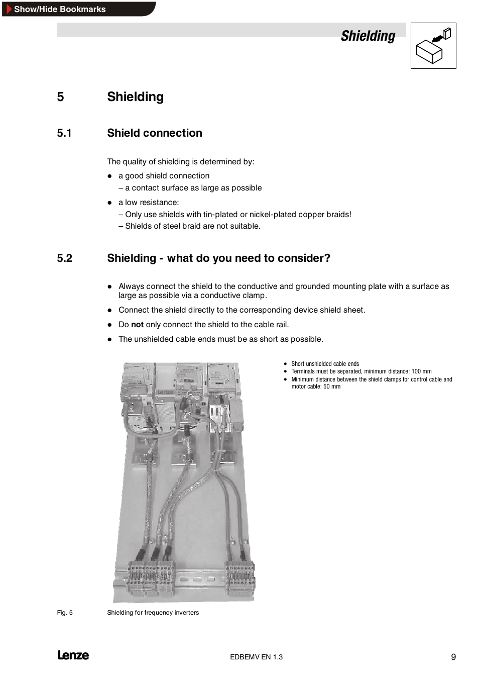 5 shielding, 1 shield connection, 2 shielding -what do you need to consider | Shielding, Shield connection, Shielding - what do you need to consider, 5shielding, 2 shielding - what do you need to consider | Lenze Inverter EMC User Manual | Page 11 / 26
