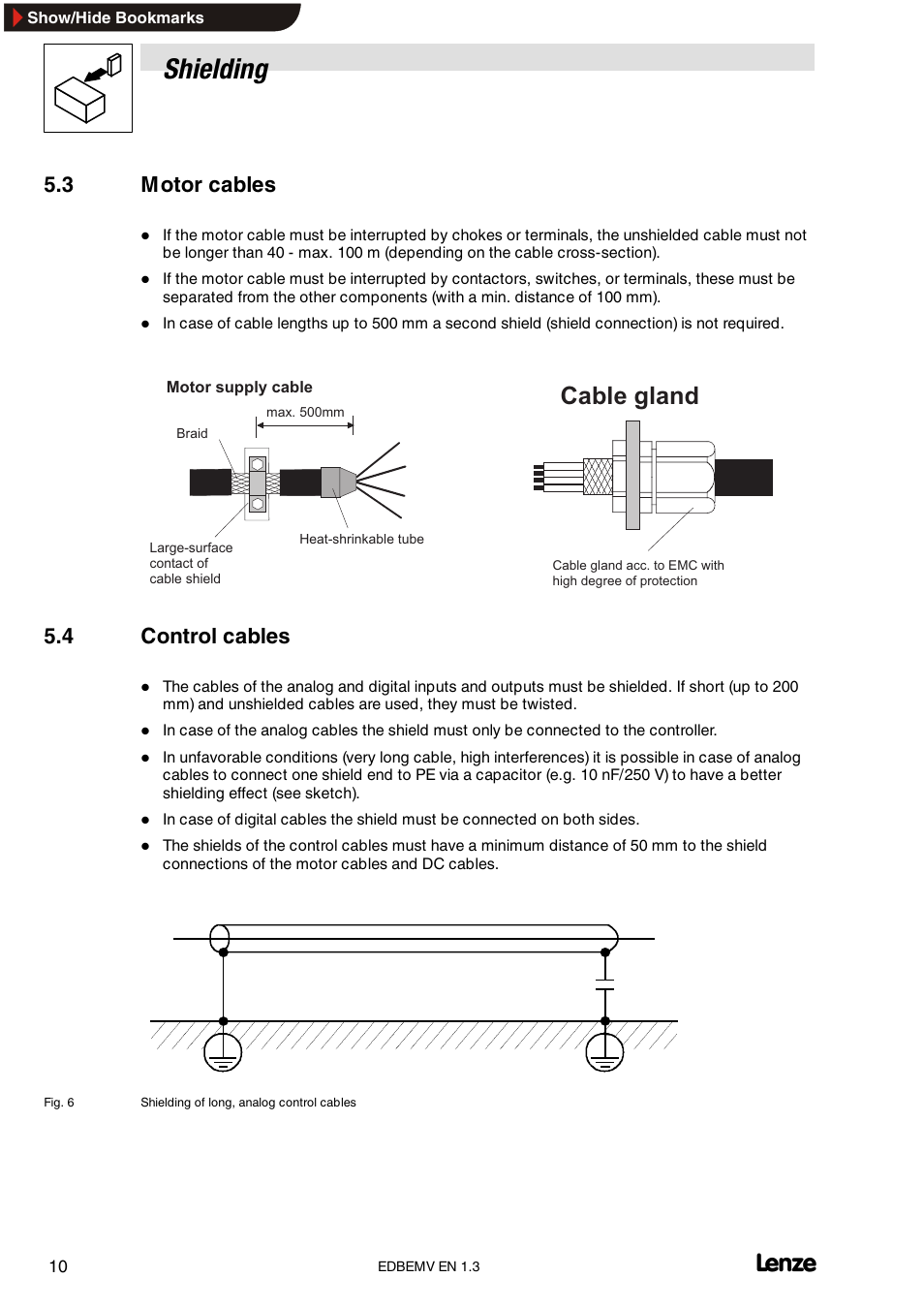 3 motor cables, 4 control cables, Motor cables | Control cables, Shielding, Cable gland | Lenze Inverter EMC User Manual | Page 12 / 26