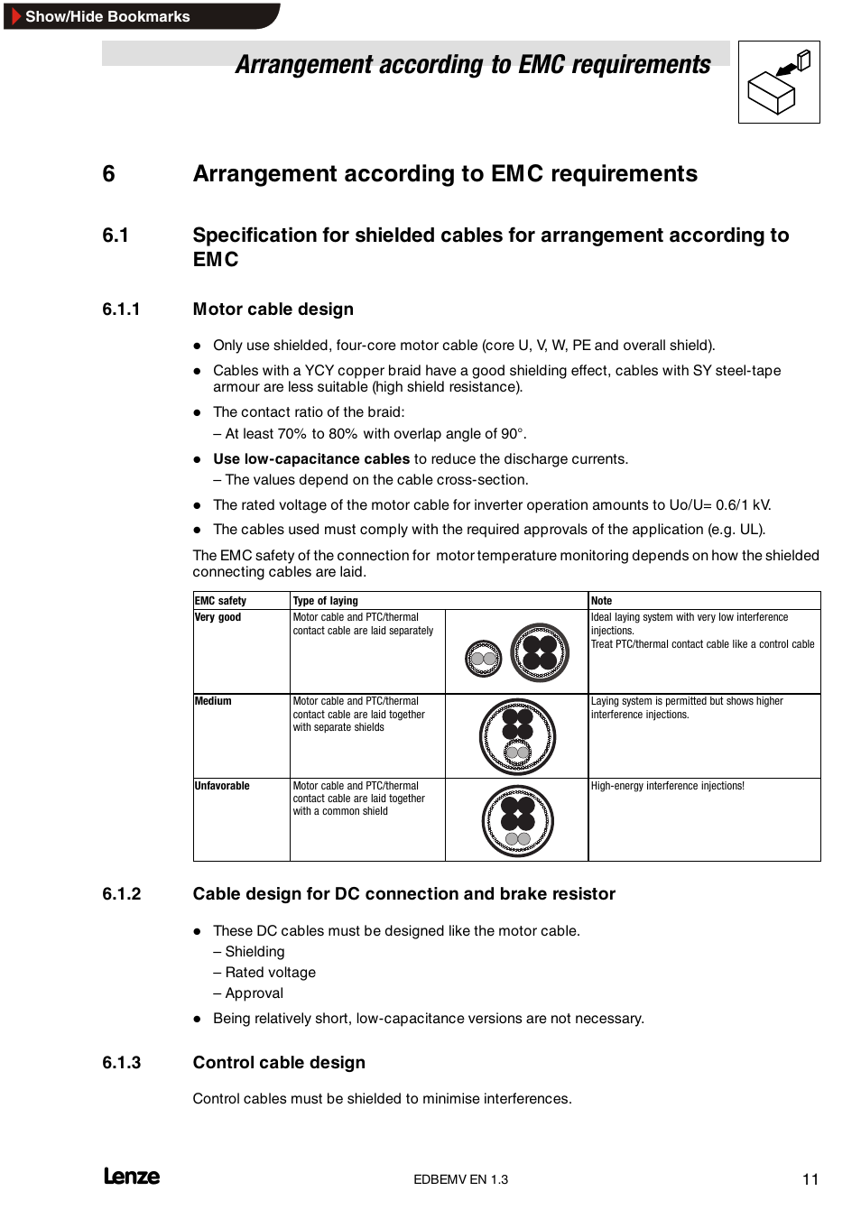 6 arrangement according to emc requirements, 1 motor cable design, 3 control cable design | Arrangement according to emc requirements, Motor cable design, Cable design for dc connection and brake resistor, Control cable design, 6arrangement according to emc requirements | Lenze Inverter EMC User Manual | Page 13 / 26